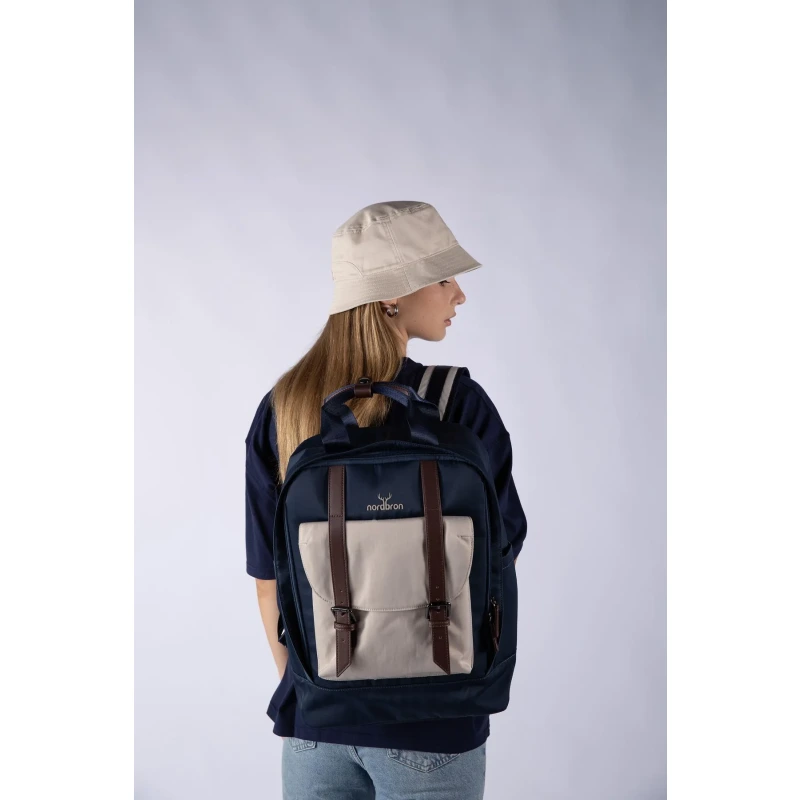 Unisex Lacivert Okul Backpack Dolgulu Laptop Bölmeli Deri Kemer Günlük Su Geçirmez Sırt Çantası