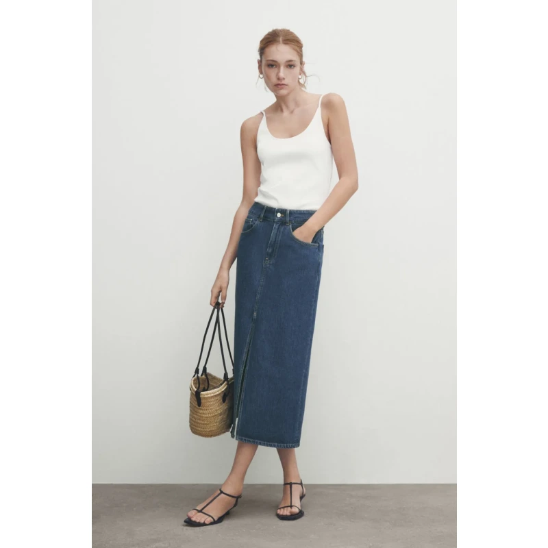 Yüksek Bel Denim Midi Etek
