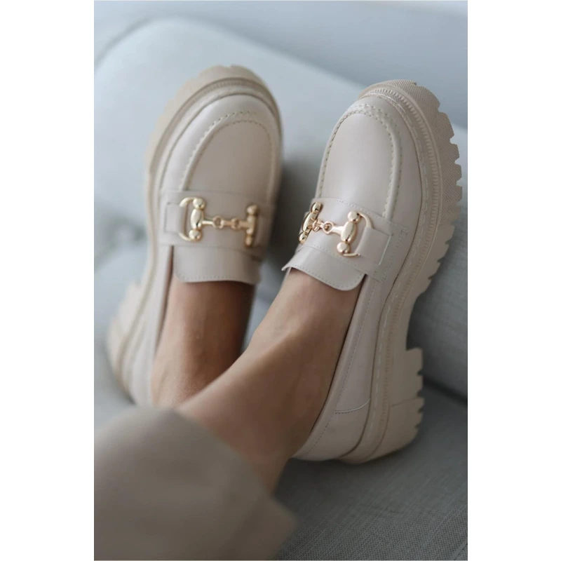 Kadın Kalın Taban Loafer Makosen Ayakkabı Gc Bej Gold Toka