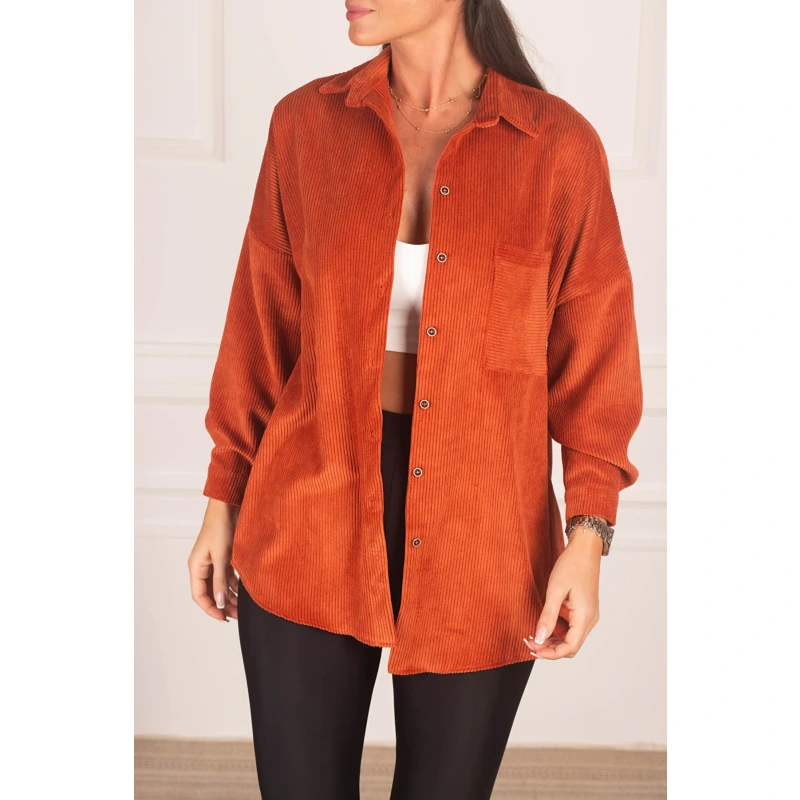 Kadın Oranj Cepli Oversize Kadife Uzun Basic Gömlek ARM