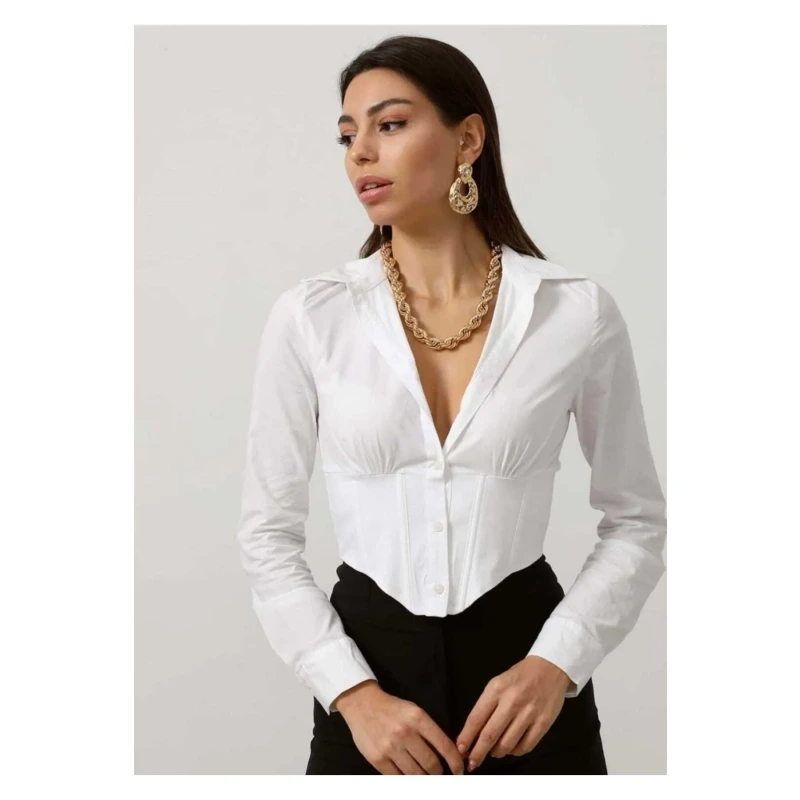 Kadın Crop Gömlek Slim Fit Dar Kesim Beli Lastikli Beyaz