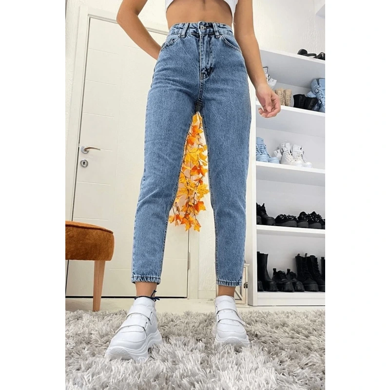 Estonya Mavi Kar Yıkama Mom Boyfriend Jean Kadın Power Likra Toparlayıcı