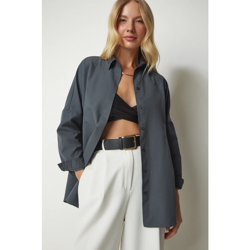 Kadın Füme Oversize Uzun Basic Gömlek