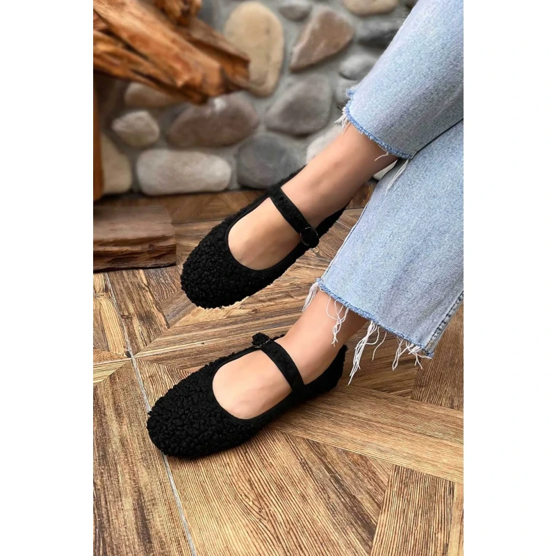 Kadın Siyah Mary Jane Teddy Peluş Tek Bant Günlük Balerin Babet