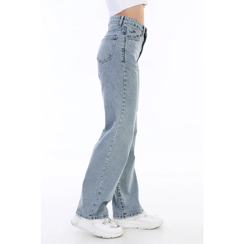 Kadın Açık Mavi Yüksek Bel Geniş Paça Bol,salaş Palazzo Jeans