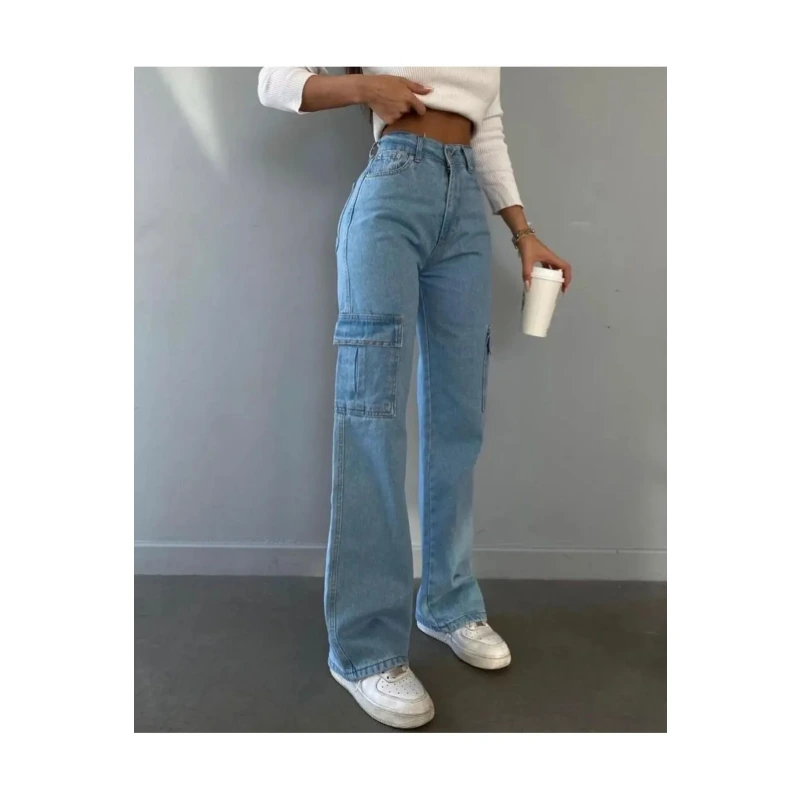 Kadın Açık Mavi Kargo Bol Paça Buggy Kot Pantolon Kargo Cepli Street Jean