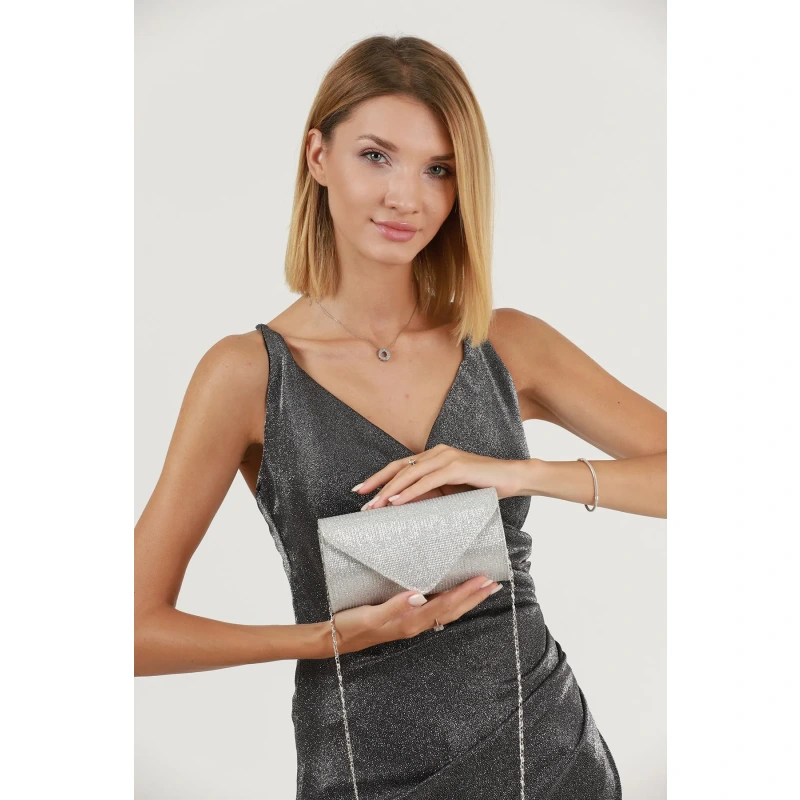 Gümüş Çizgili Çupra Abiye Çanta Portföy Clutch Çanta