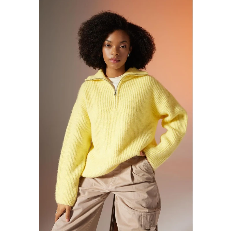 Oversize Fit Fermuarlı Dik Yaka Kazak