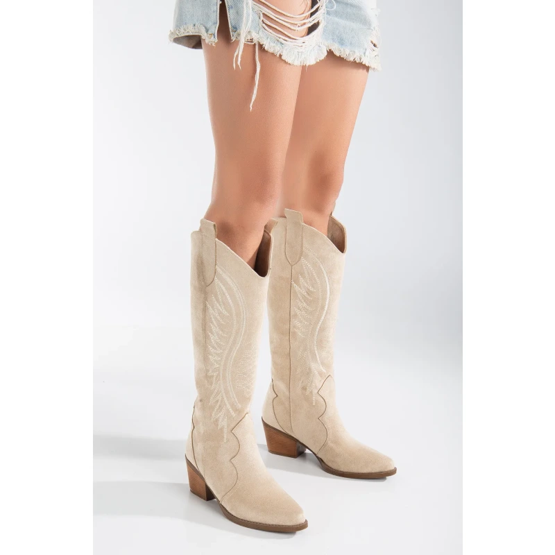 Krem Bej Vizon Nude Mat Süet Nakışlı Western Kovboy Cowgirl Bot Çizme