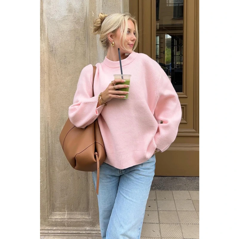 Pembe Bisiklet Yaka Oversize Triko Kazak 