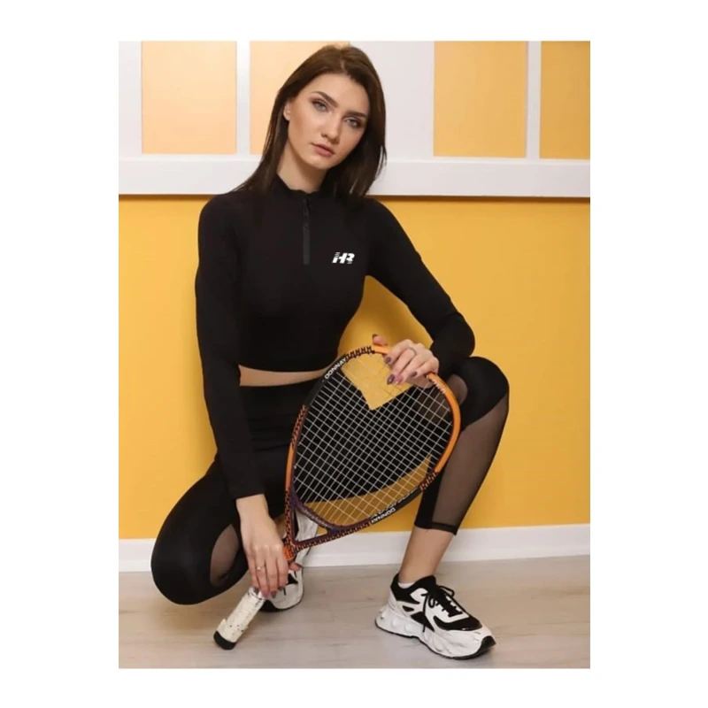Yarım Fermuarlı Uzun Kollu Crop Sporcu Üst