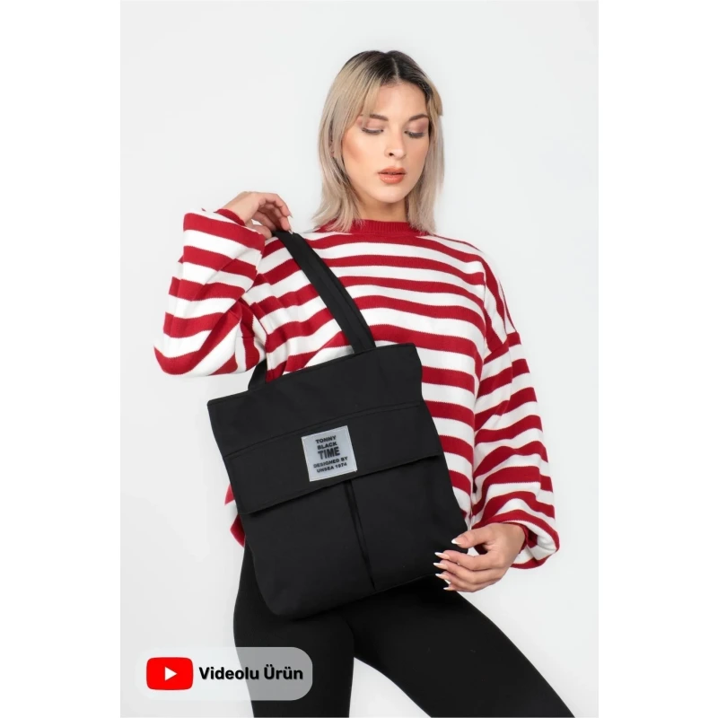 Orijinal Time Serisi 3 Bölmeli Fermuarlı Kapaklı Model Tote Bag Yumuşak Bez Geniş Kol & Omuz Çantası