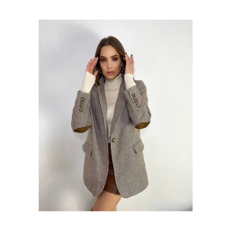 Kahverengi Astarlı Dirsek Detaylı Tek Düğme Kruvaze Blazer Ceket