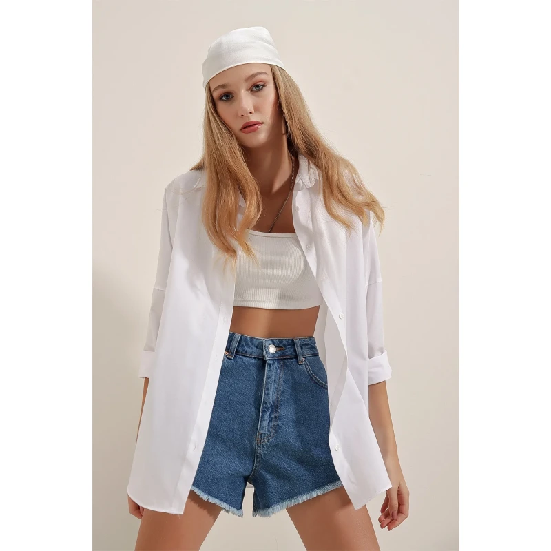 Oversize Uzun Basic Gömlek - Beyaz