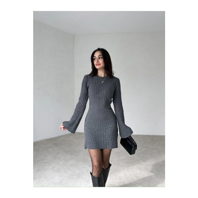 Kadın Mini Fitilli Kışlık Triko Elbise